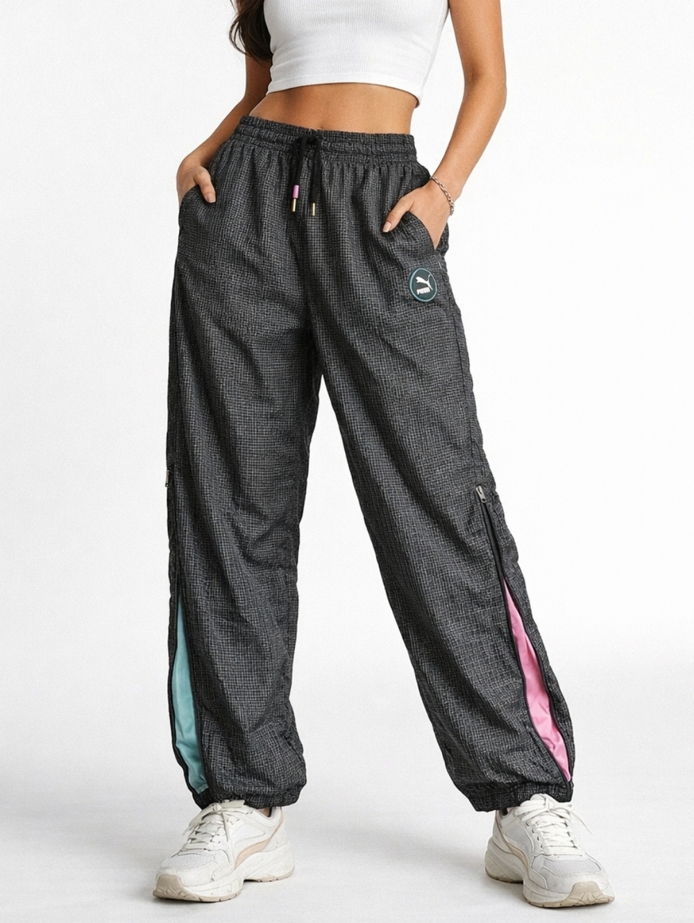 Puma Parachute Pants Women XL Black Check Wide Leg Y2K Track Pants Zip Sides
